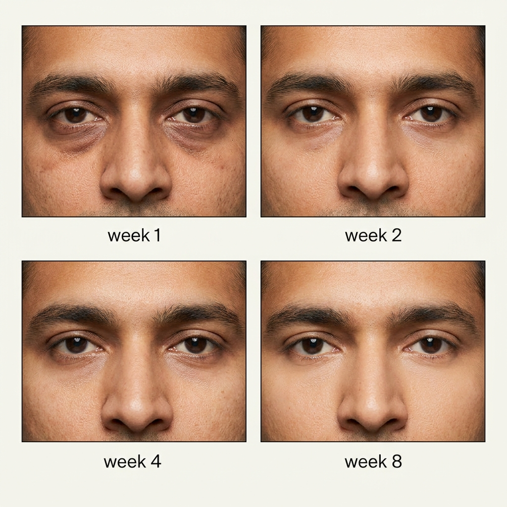 The same man's under-eyes, week 1 to week 8